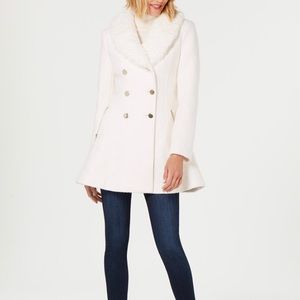 Guess Faux Fur Collar Skirted Coat Ivory Size M